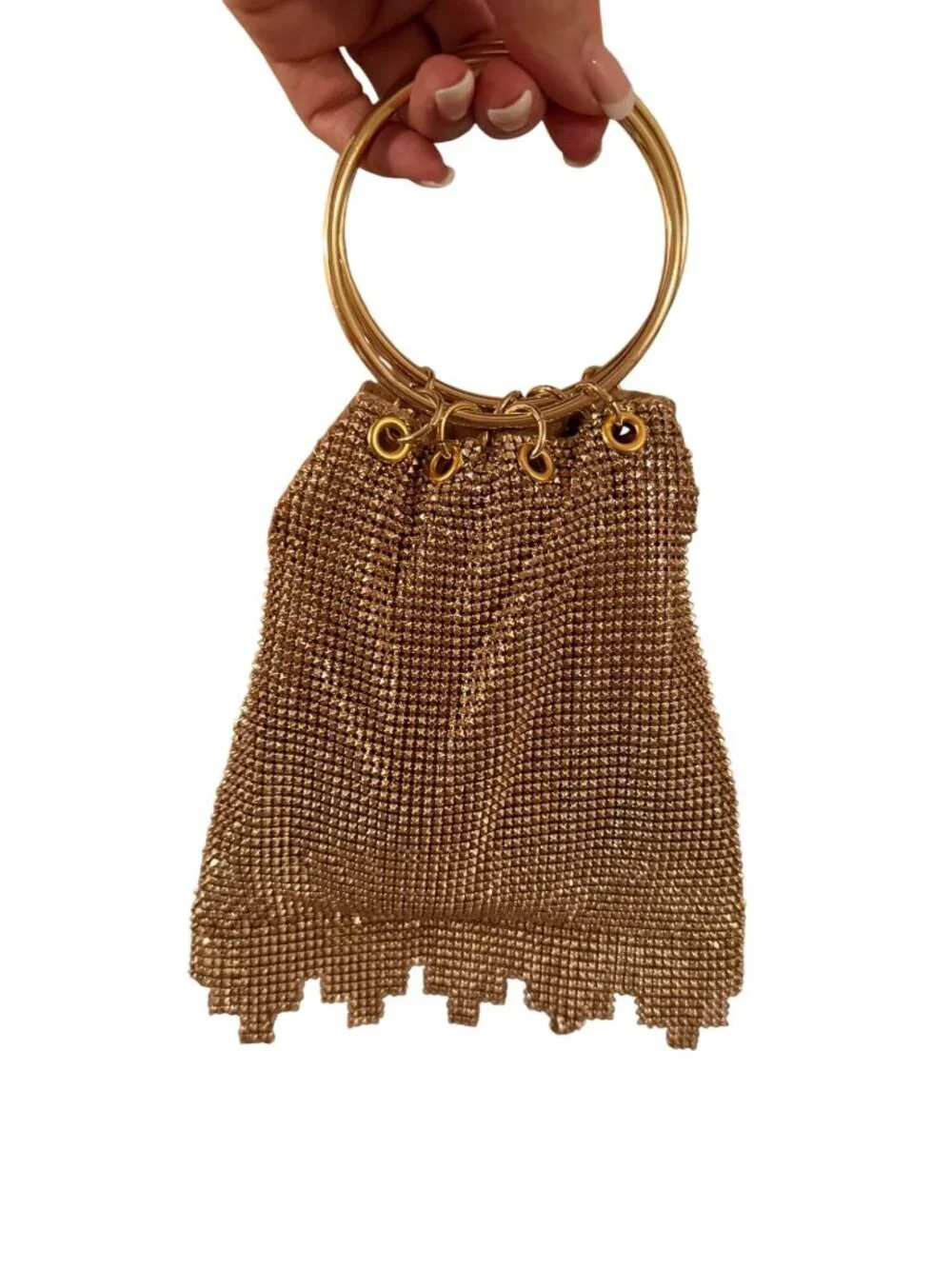 Whiting & Davis Womens Gold Mesh Evening Bag Ring Handles Ruffled Fringe Vintage